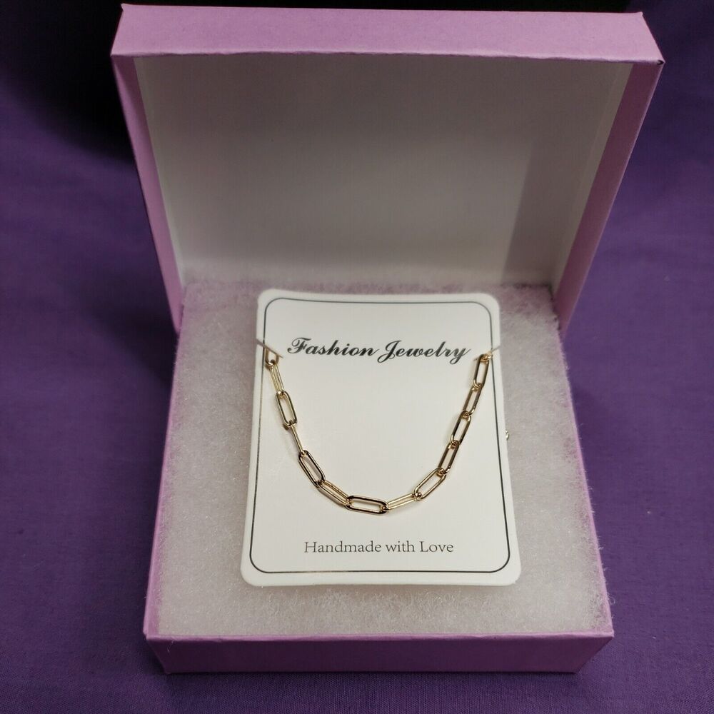 Dainty Gold Tone Paperclip Style Necklace, 16' Collar Length, on card, w/box